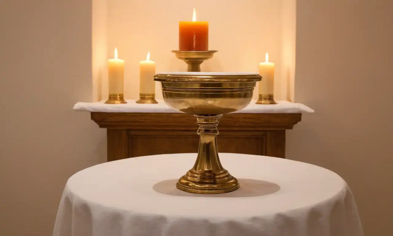 Baptismal font, holy water font, candles, white altar cloths