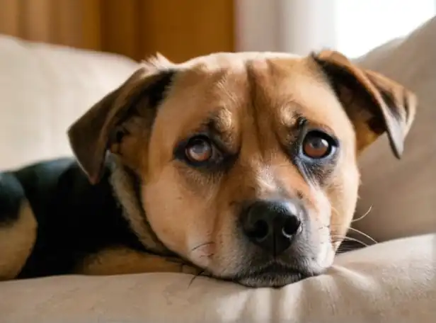 A sad dog with swollen eye in a cozy home setting