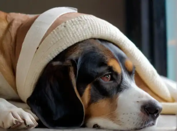 Calm dog with bandaged eye and loving human companion