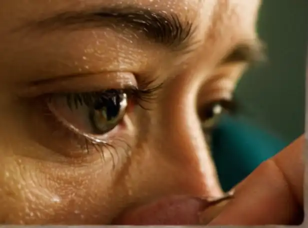 A veterinarian gently examining a crying dog's eye