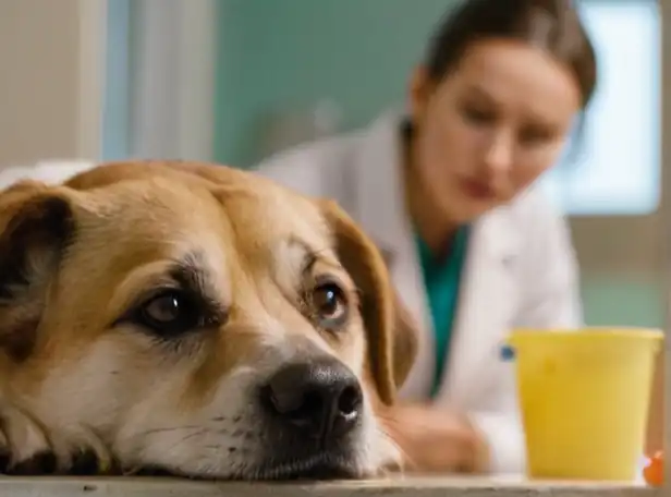 A sad-looking dog with a swollen eye and a veterinarian in the background