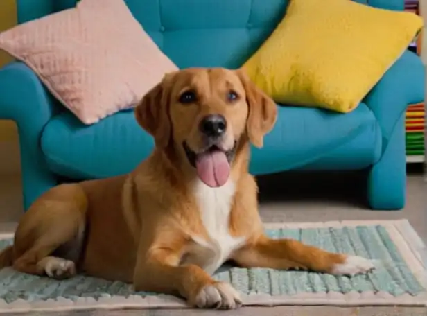 A happy dog sitting on a rug surrounded by safe toys