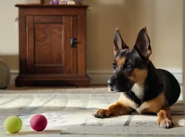 Calm dog playing with toys in a clean living room