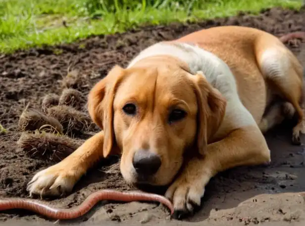 A happy dog surrounded by earthworms in its feces