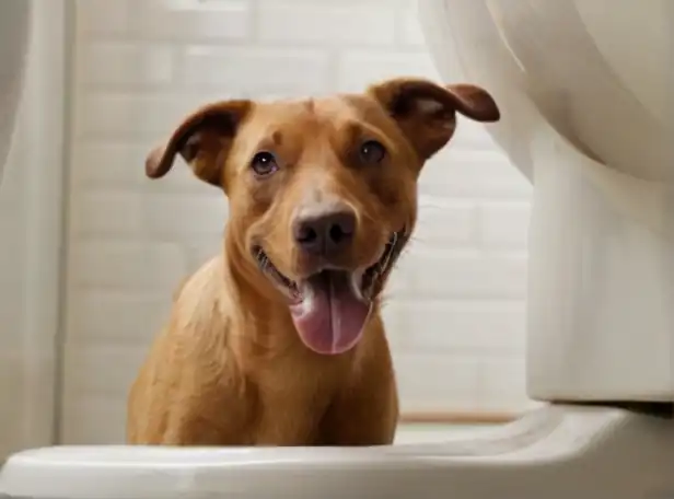 A happy dog near a toilet bowl with worms