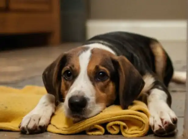 Worm infested dog on a dirty floor with gloomy background