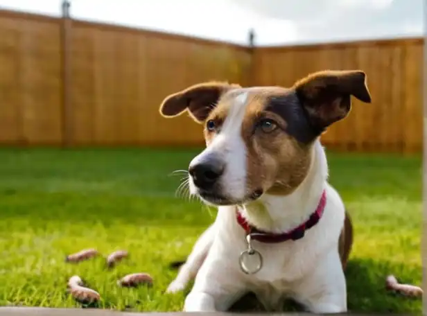 A dog sitting on a lawn surrounded by worms