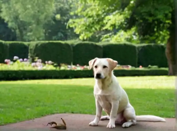 A dog sitting in a park surrounded by greenery holding a worm