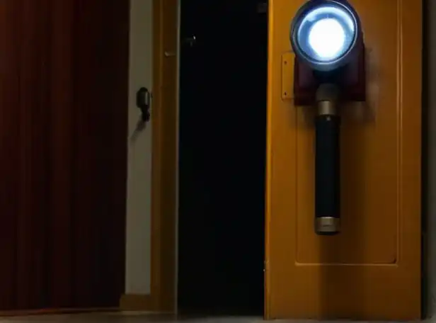 Emergency flashlight shining in a dark hallway