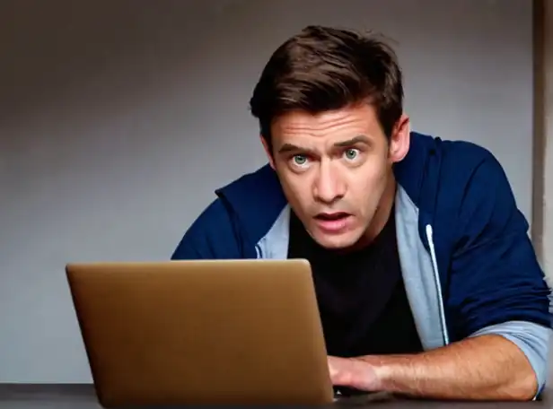 A person holding a laptop with a frustrated expression