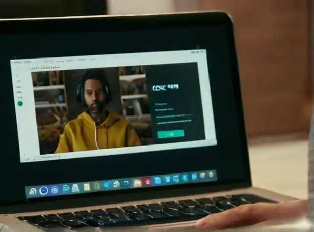 Cautioned person sitting in front of laptop with internet shopping page