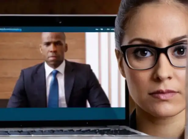 Consumer protection lawyer holding a laptop with a skeptical expression