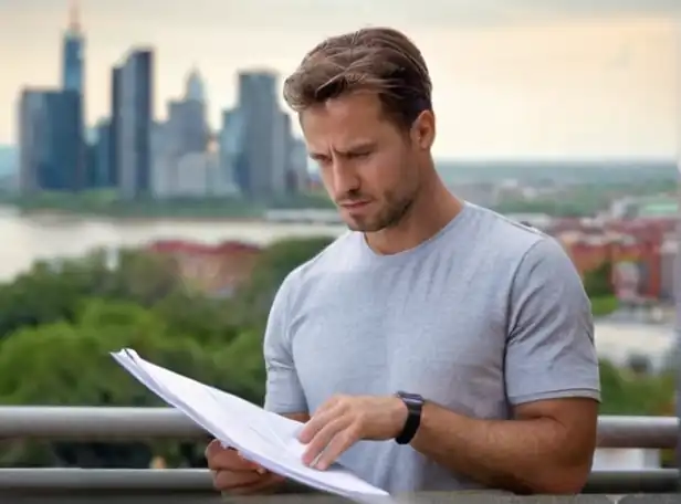 A person looking worried and holding papers with a cityscape background