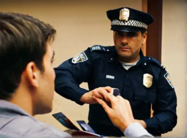 Police officer helping person with stolen ID and license