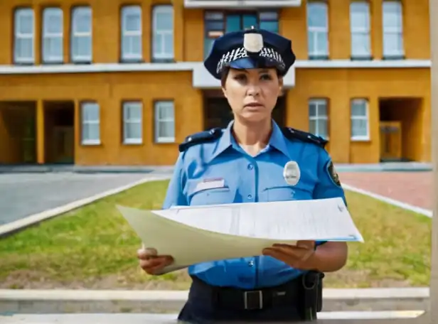 A person in front of a police station with papers and worried expression