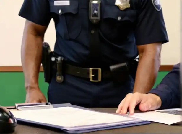 Police officer checking documents with worried person in background