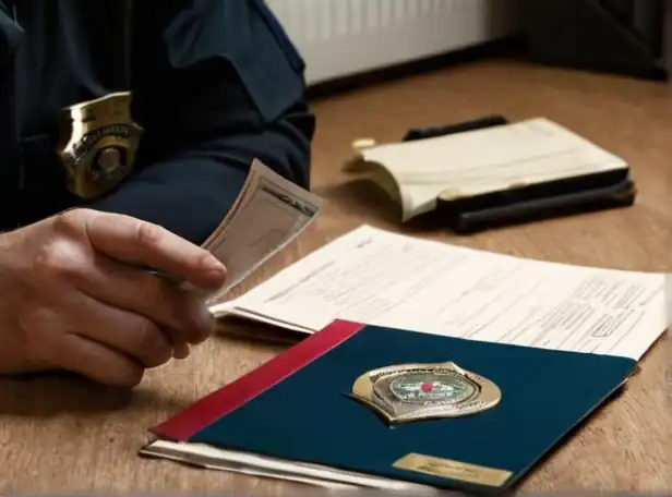 Police officer investigating crime scene with documents scattered