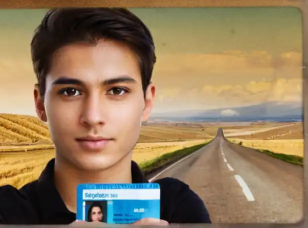 Young driver holding new driving license with road map background