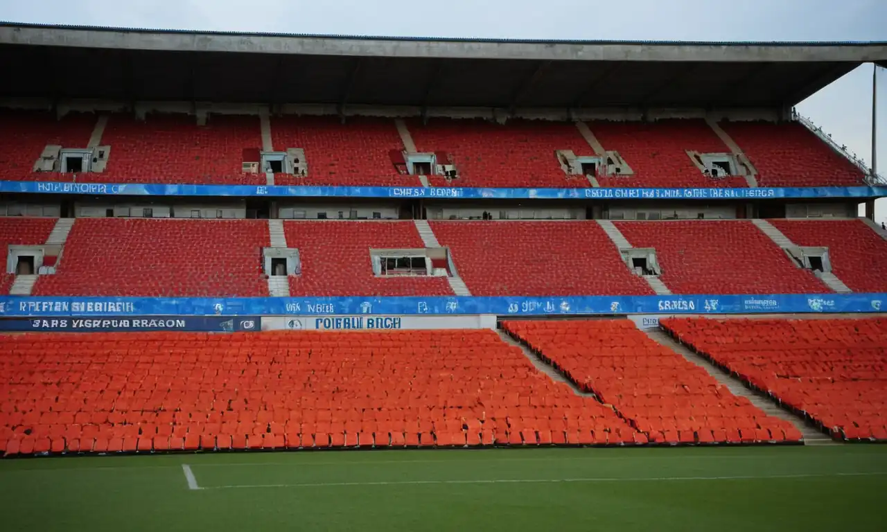 Football pitch, stadium seats, jerseys, scoreboard