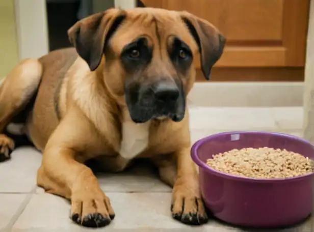 A concerned dog sitting near a bowl with bland food and water