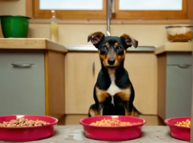 A sad dog in distress surrounded by food and water bowls