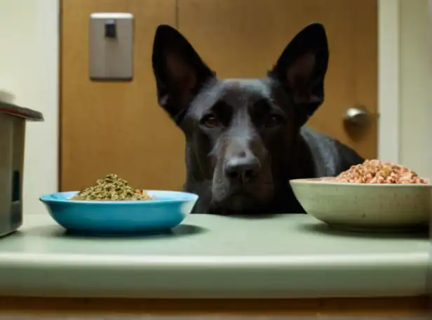 A sad-looking dog lying on a vet's table with a bowl of food nearby