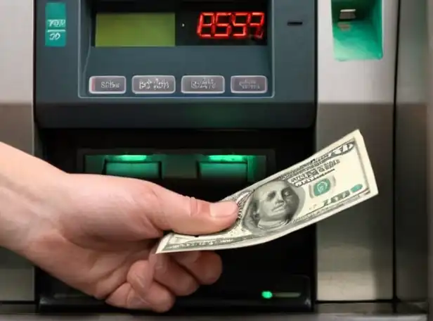 Hands holding a fake bill with worried expression in front of a cash machine