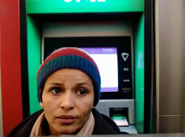 A person holding a fake bill in front of a ATM machine with worried expression