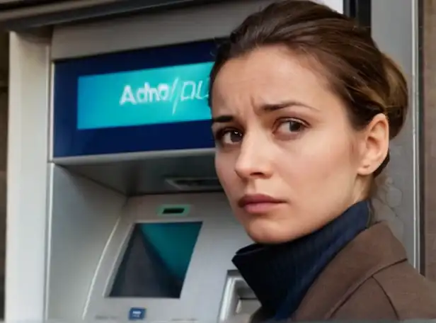 A person in front of an ATM with a worried expression