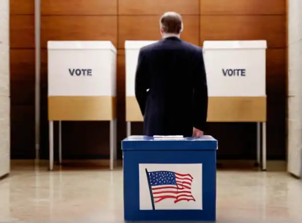 Voter ignoring ballot box in front of worried election officials