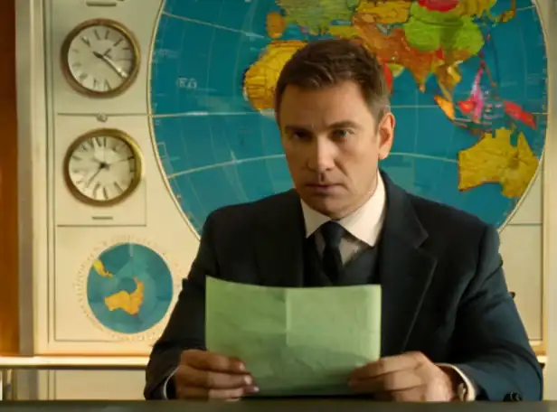 Foreigner holding papers with worried expression in front of a map or clock