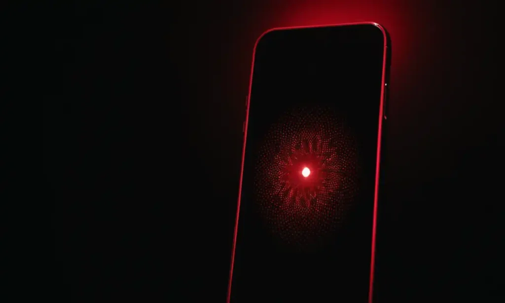 Un iPhone bloqueado en una pantalla de error con un fondo negro y una luz roja