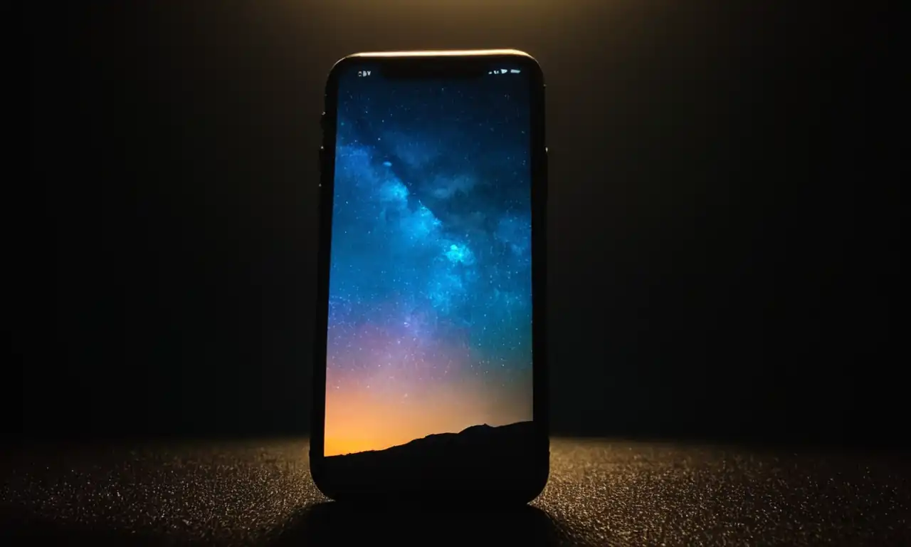 iPhone pantalla cerrada con fondo oscuro y luz azul