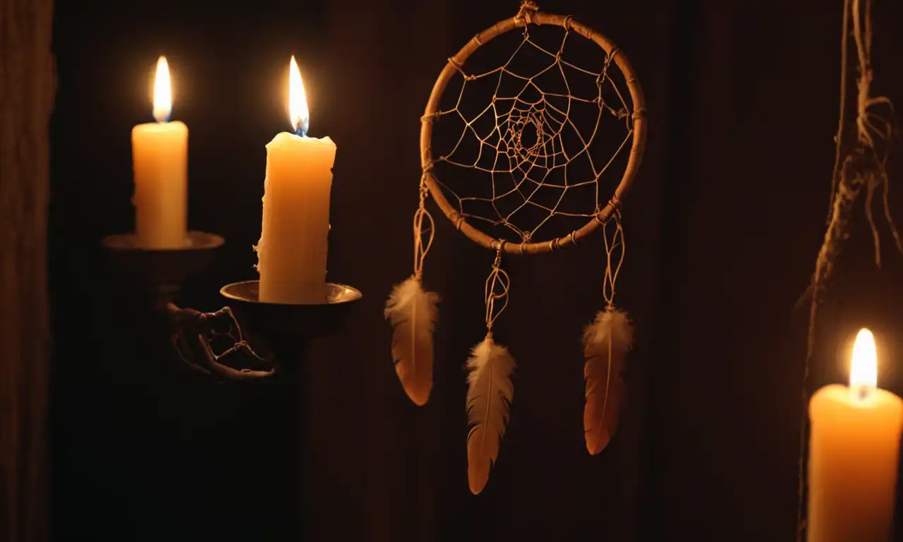 Flickering candles, dark shadows, fragmented teeth, dreamcatcher web