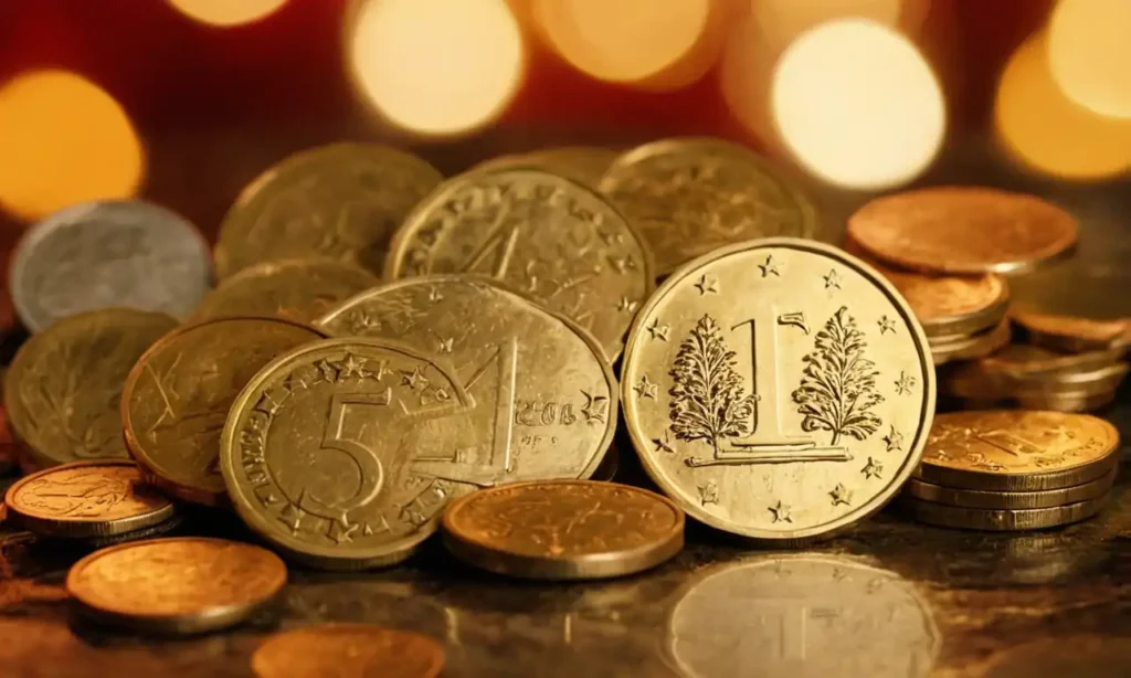 Monedas de euro sobre un fondo navideño