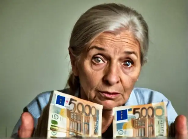 Elderly woman holding a stack of euros in front of a confused expression