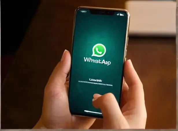 A person looking at a smartphone with WhatsApp open on the screen