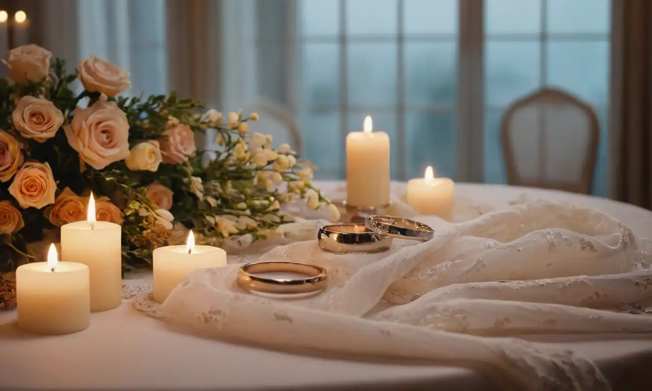 Wedding veil, flowers, candles, rings on a table