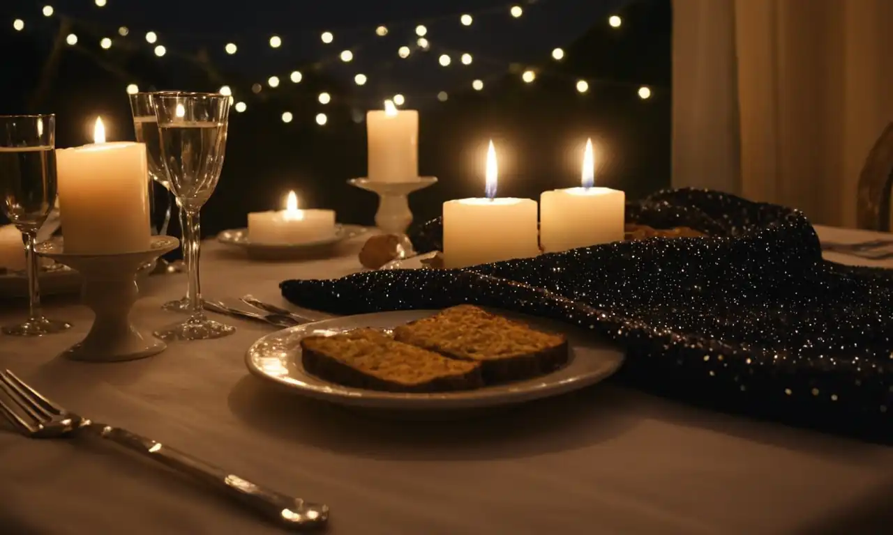 Wedding veil, rings, candlelit dinner table, starry night sky