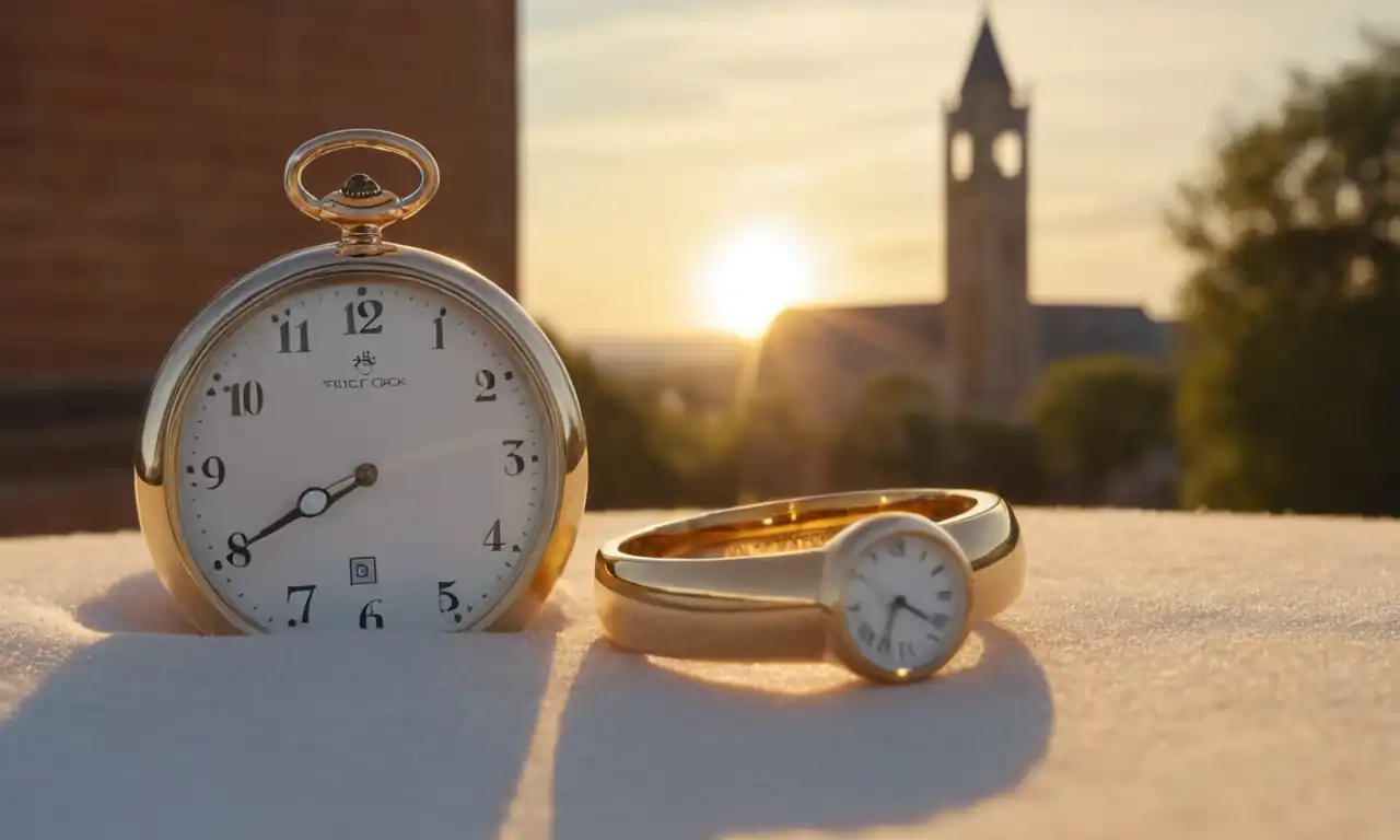 Wedding dress, rings, clock tower, sunny background