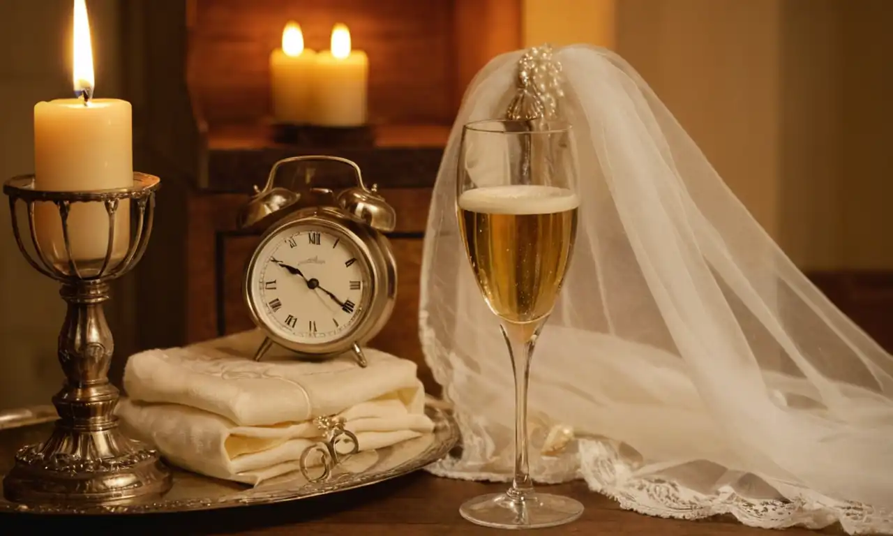 White wedding veil, champagne glasses, vintage clock, candlelight