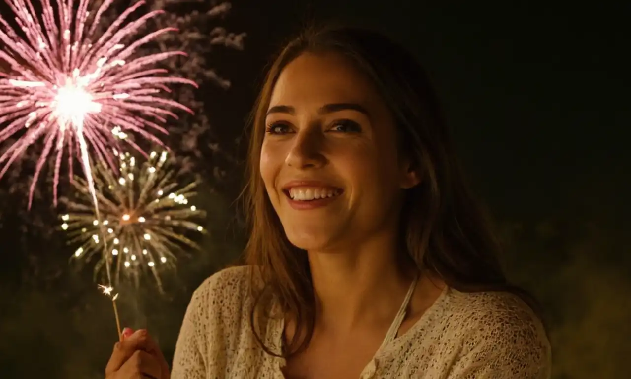 Mujer atractiva rodeada de fuegos artificiales, con sonrisa seductora