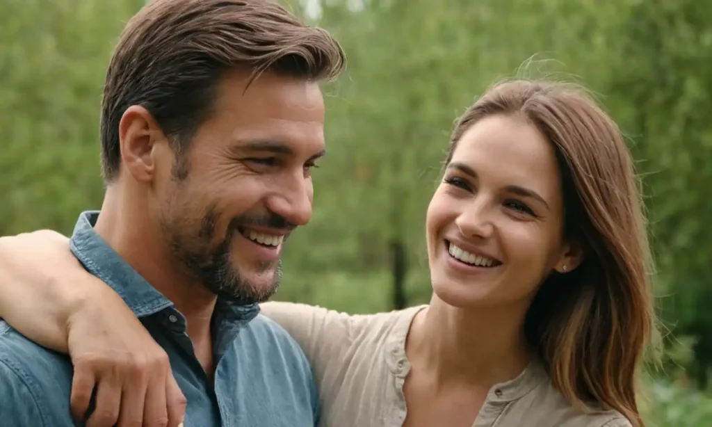 Un hombre apuesto y alegre junto a una mujer sonriente