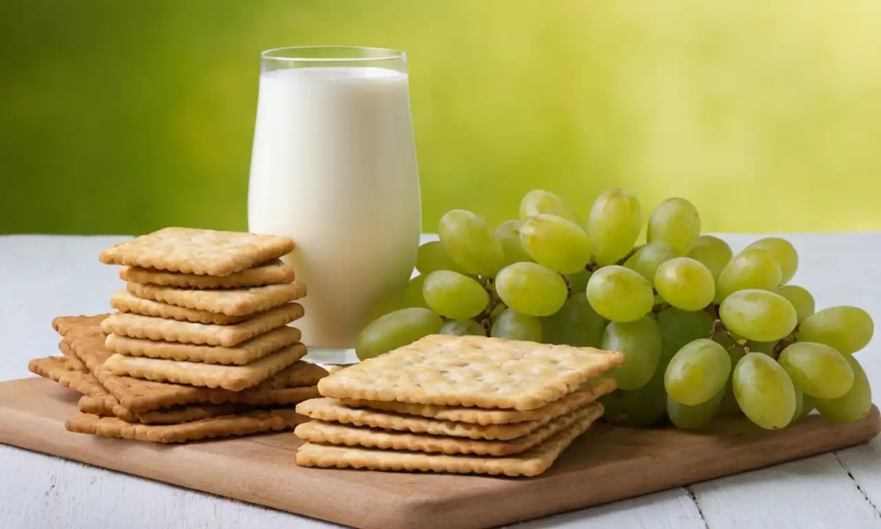 Golden cheese wedges, green grapes, crackers, and a glass of cold milk