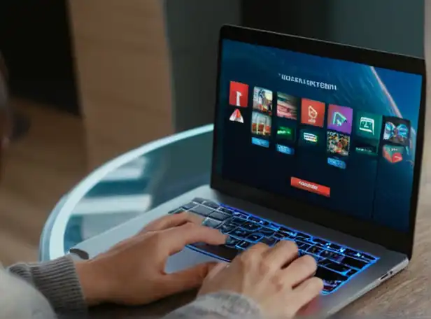 A person typing on laptop amidst icons and digital screens