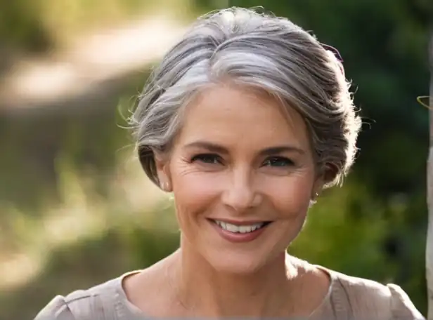 Graying hair woman with gentle smile in natural surroundings