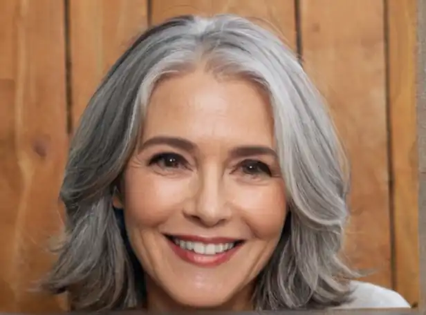 Silver-haired woman smiling with natural gray hair