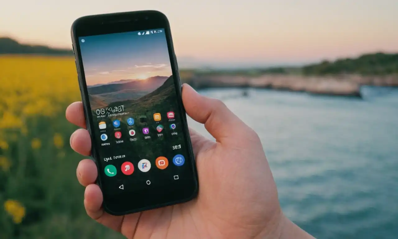 Un smartphone en la mano de alguien con una expresión de satisfacción, rodeado de icons de correo electrónico en segundo plano