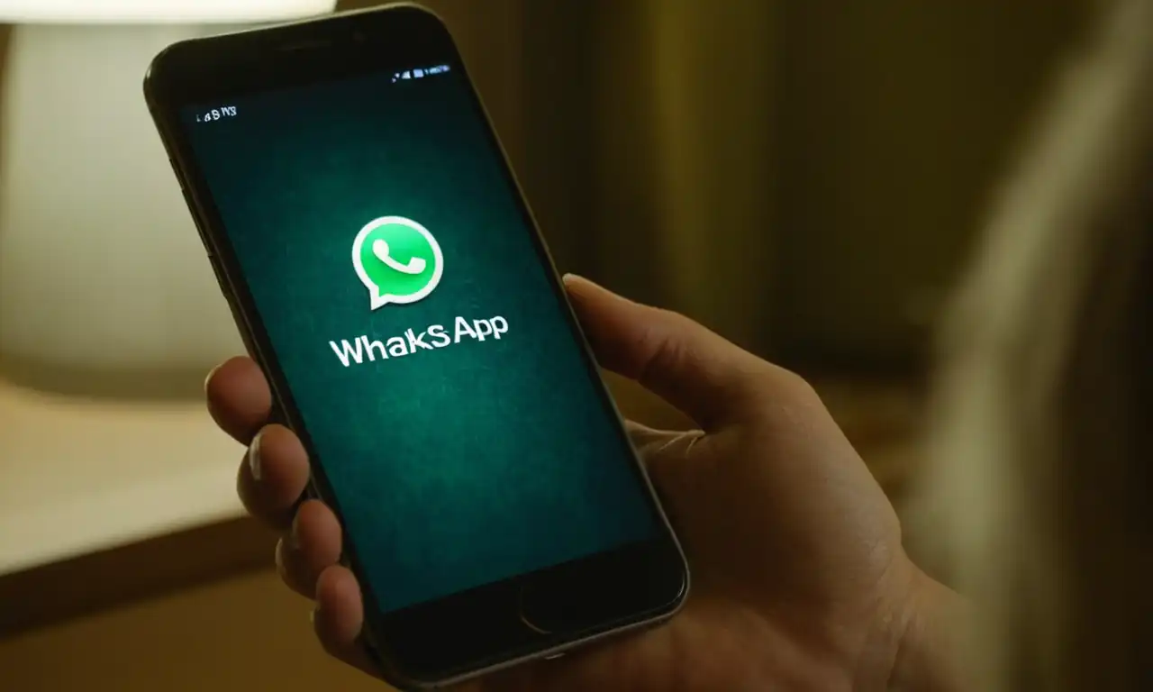 Un smartphone en primer plano, con la pantalla iluminada, mostrando el chat de WhatsApp