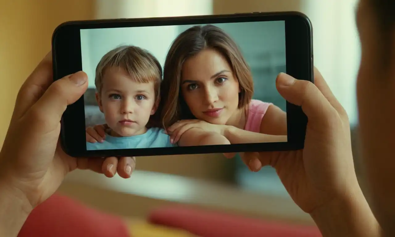 Smartphone y fotos familiares en una pantalla de ordenador